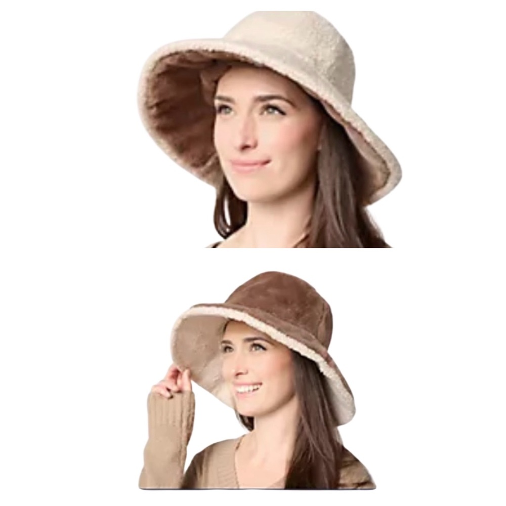 Sprigs Reversible Cream Boucle & Brown Faux Fur Wide Brim Bucket Hat Nwot